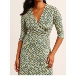 Boden Green and Mustard Geo Midi Wrap Dress